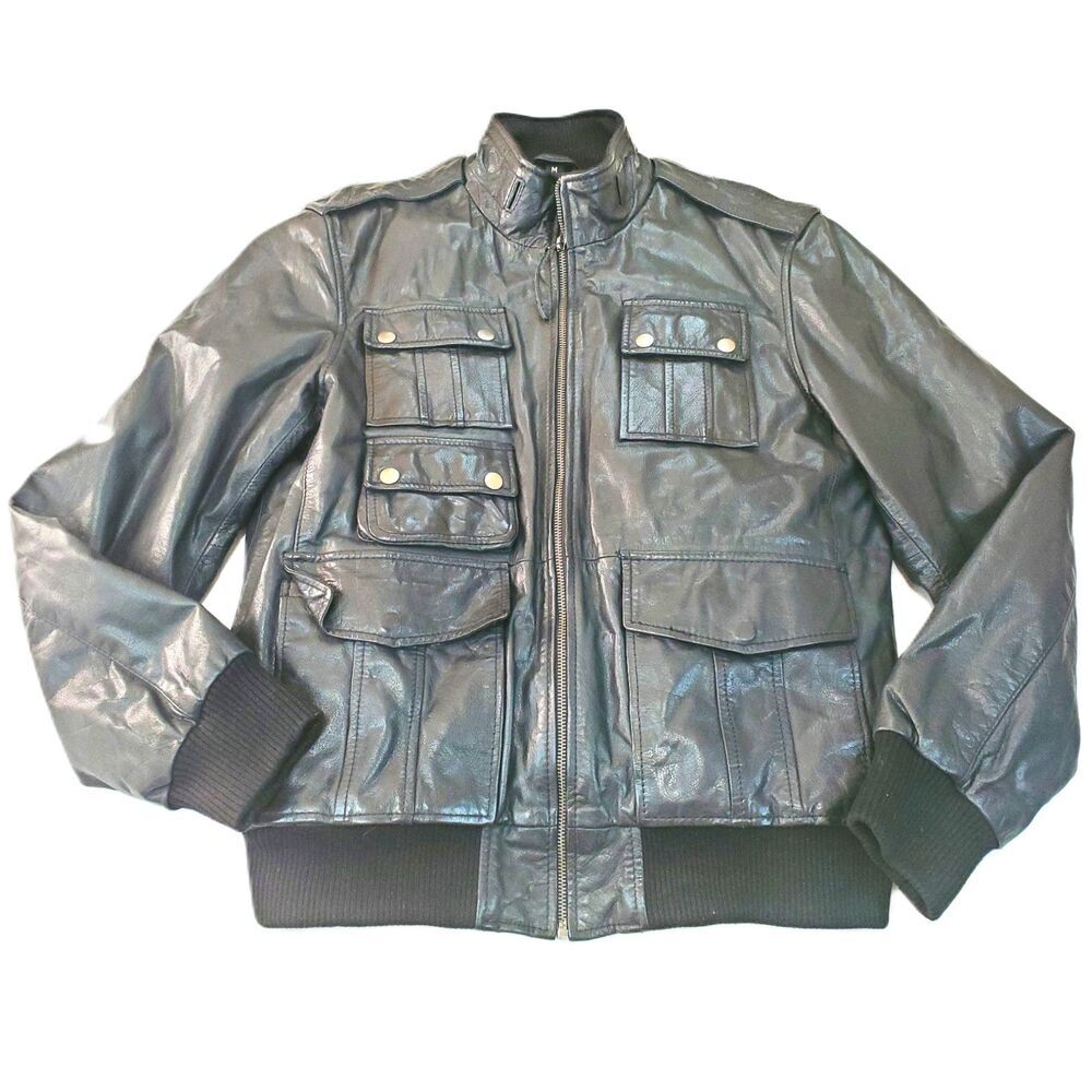 Whet Blu Leather Jacket Mens Medium Black Full Zip Bomber Y2k Biker Punk Goth